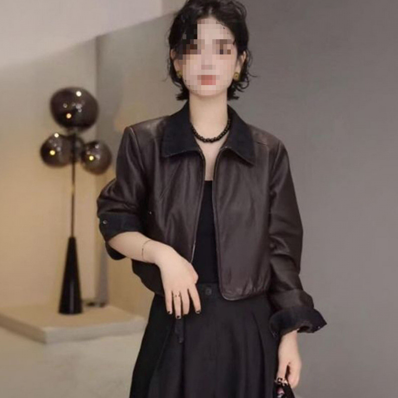 Cross-Border 5 Autumn New Style Lapel Pu Leather Jacket, Stylish and Age-Reducing Versatile Color-Blocking Short Leather Coat for Women