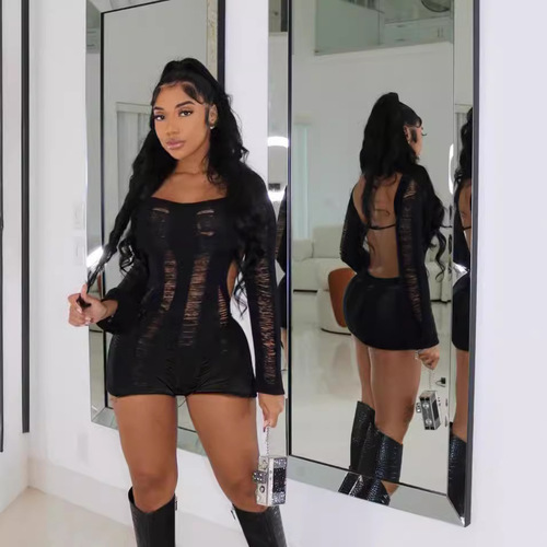 Eurasian Spring Women's Sexy One-Shoulder Hollowed-out Hole Backless Knit Bodycon Skirt Bodysuit