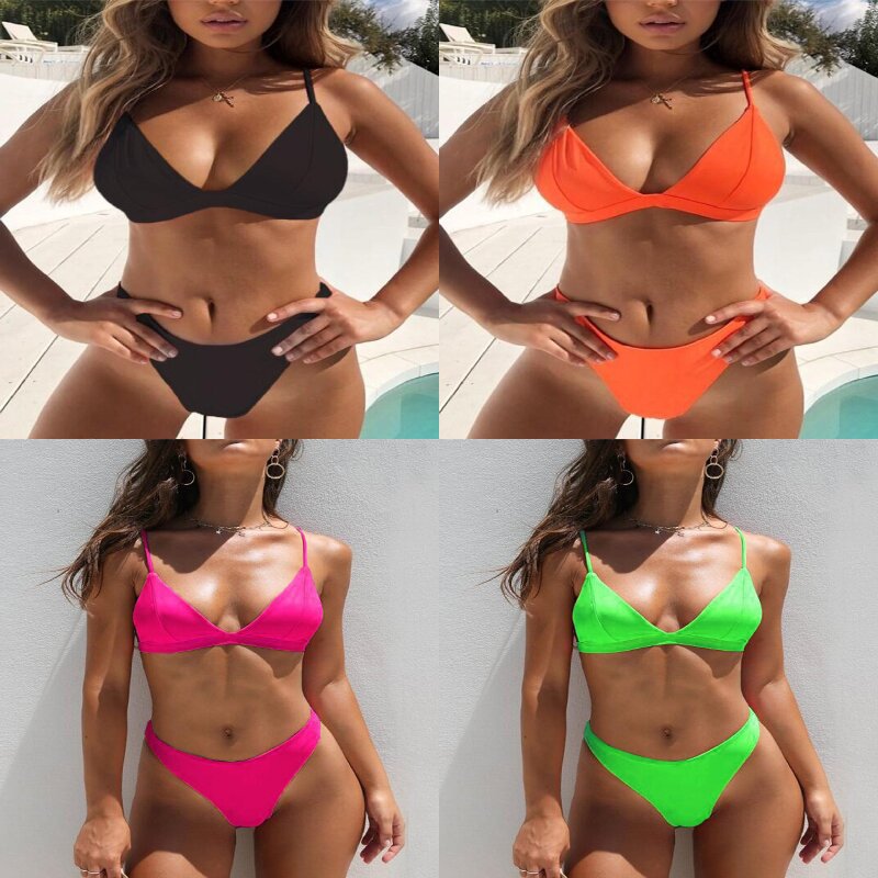 Foreign trade European and American plus size Bikini sexy solid color split swimsuit Triangle Cup women's swimsuit in stock wholesale Bikini