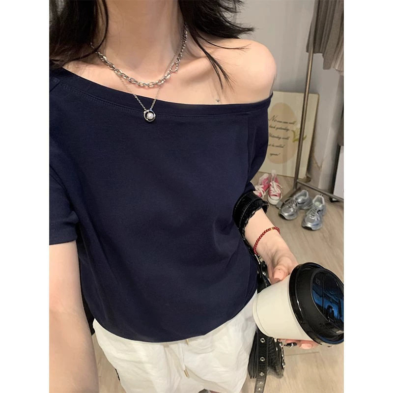 Celebrity Style Women's Short-sleeved Shoulder Shoulder T-shirt Summer Loose Pure Spice Girl's Shoulder Top Celebrity Style Women's Short-sleeved Shoulder Shoulder T-shirt Summer Loose Pure Spice Girl's Shoulder Top