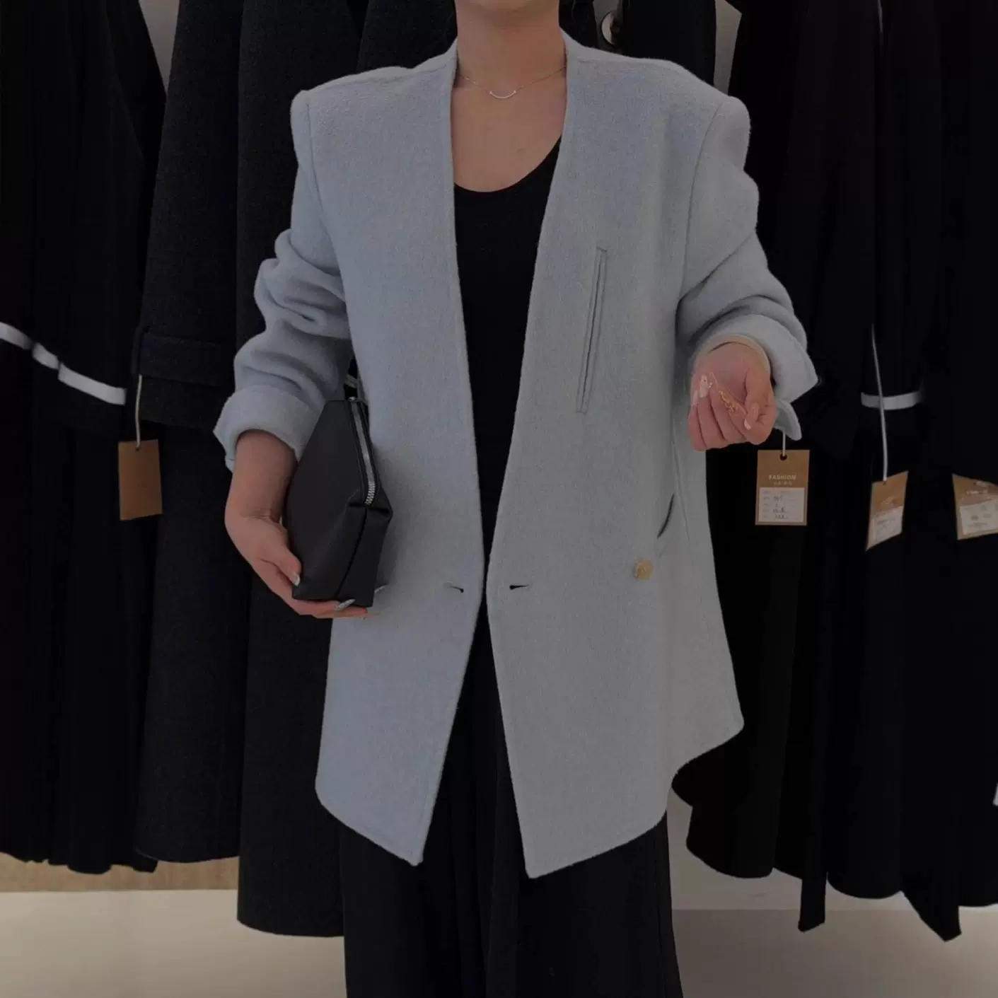 2025秋冬新款深V领宽松西装式正肩百搭双面呢羊毛大衣女外套