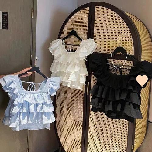 Girls' Summer Vest, Korean-style Fashionable Ruffled Cake-Design Flared-sleeve Shirt—Solid-color Top for Older Kids and Teens