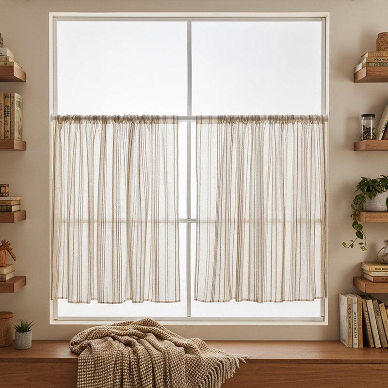 Modern Minimalist Style Jacquard Vertical Striped Kitchen Curtain, High-End Bedroom Window Half Curtain, No-Drill Door Curtain, Window Curtain