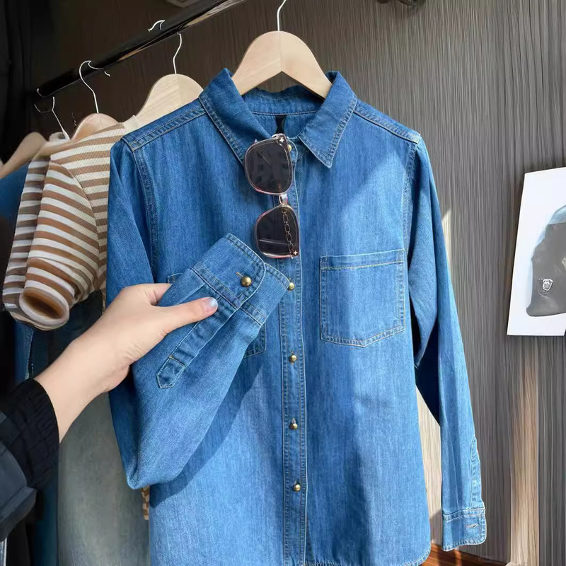 Denim Shirt for Women Spring Hong Kong Style Blue Casual Right Shoulder Loose Layered Shirt for Small People Slimming Look Bottoming Top