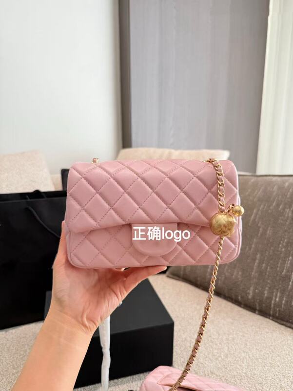 夏季百搭小金球链条包时尚菱形格单肩包斜挎包金珠女包通勤锁扣包|undefined