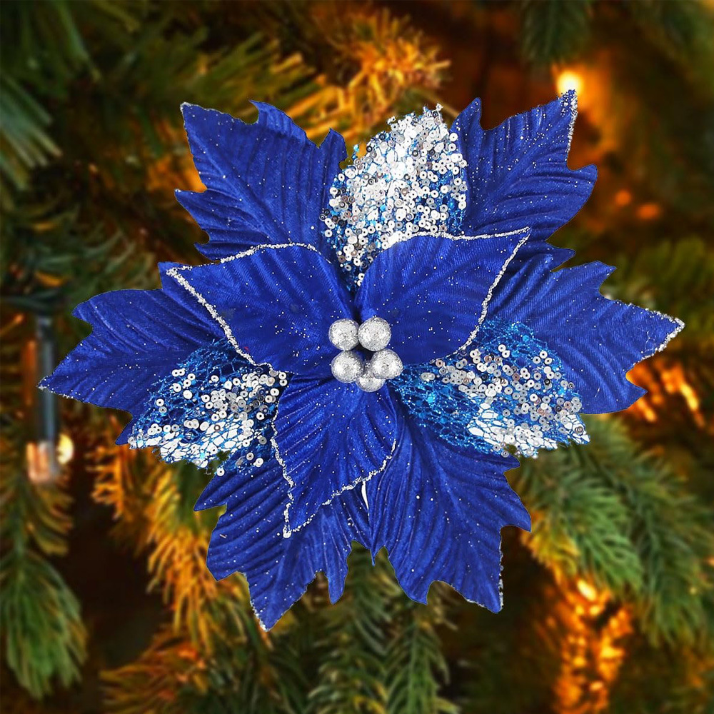 12 flores de Navidad en stock flores de polvo de oro accesorios de guirnaldas de árbol de Navidad colgantes de flores de decoración de Navidad flores falsas