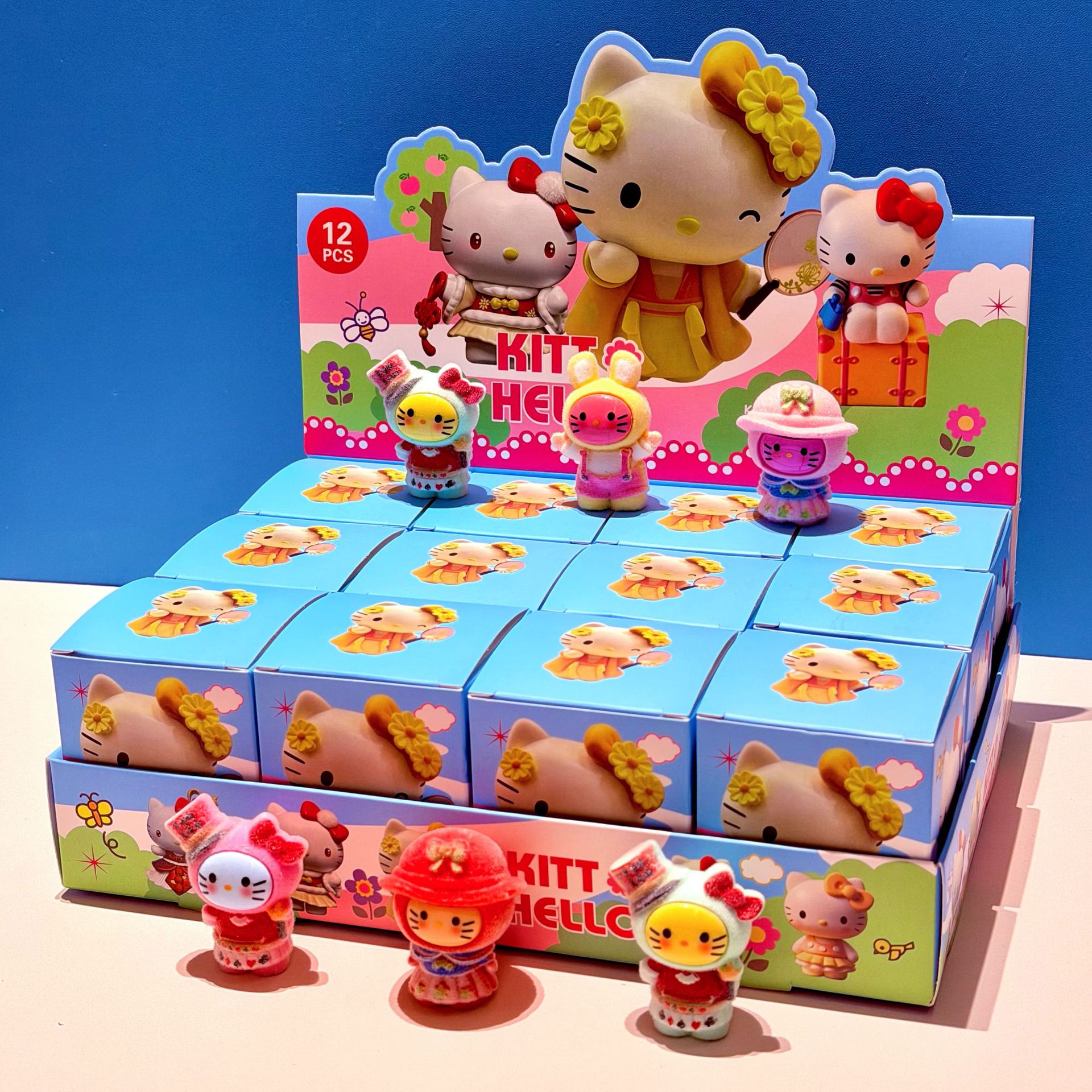 Caja ciega de dibujos animados gato muñeca de resina floc floc de moda para jugar con decoraciones hechas a mano escritura al por mayor caja ciega papelería