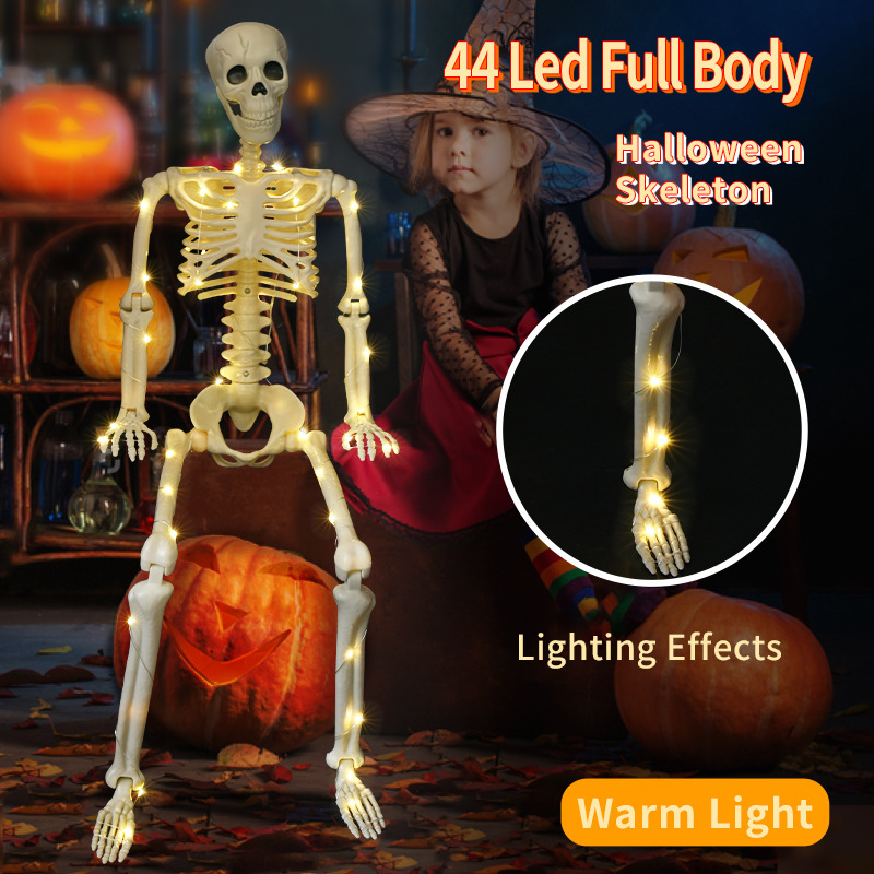 Halloween luminous skeleton 90cm warm light can stand hanging simulation skeleton party indoor and outdoor scene layout