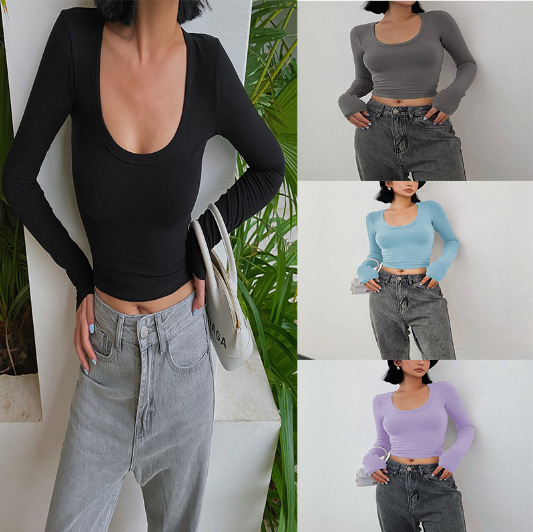 2023 cross-border new spring and summer long-sleeved European and American T-shirt women's short round neck T-shirt fashionable all-match casual top