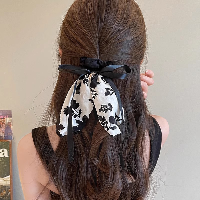 Retro francés negro flor triturada arco intestino grueso anillo de cabello de cola de caballo baja cuerda de cabello para mujeres 2025 nuevo flotante flores de cabeza