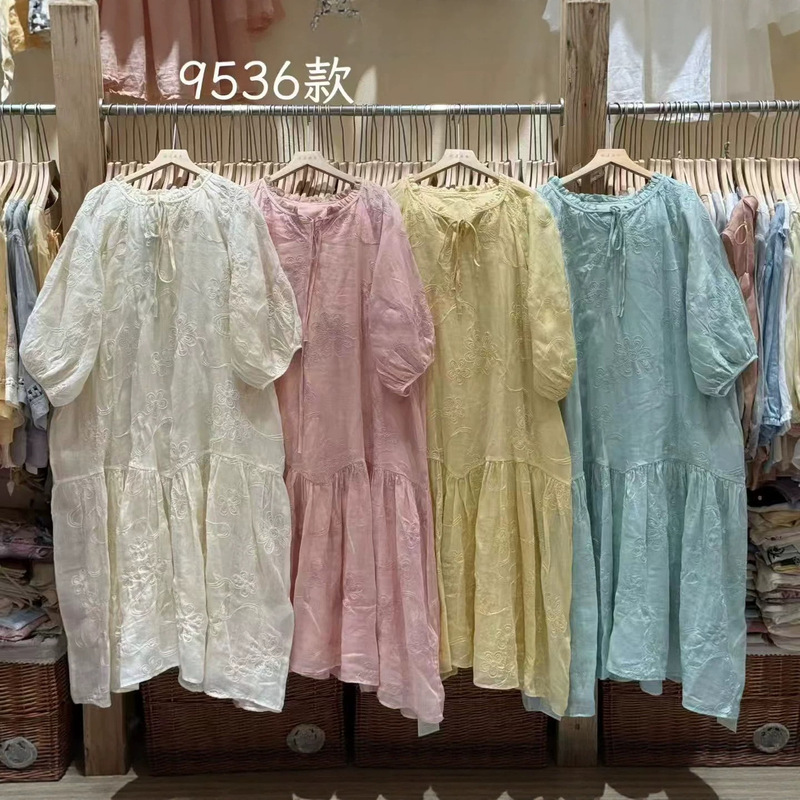 2026 Summer New Style Ramie Long Dress with Patchwork Lace Collar and Full-Body Floral Embroidery Ramie Dress