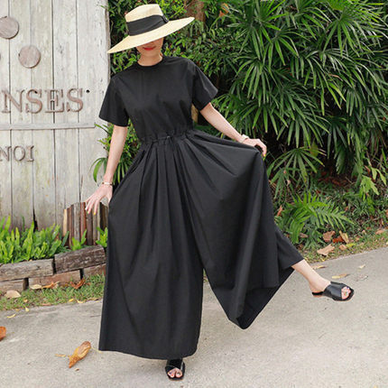 Csm Cotton and Linen Wide-Leg Pants Korean Style Loose Plus-Size Cropped Pants Short-Sleeve Jumpsuit Skirt Bf Student Linen Set Trendy