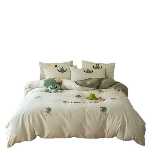 Category A mother and baby 100 count pure cotton four-piece set long-staple cotton satin cartoon embroidered quilt cover cotton bed three-piece set