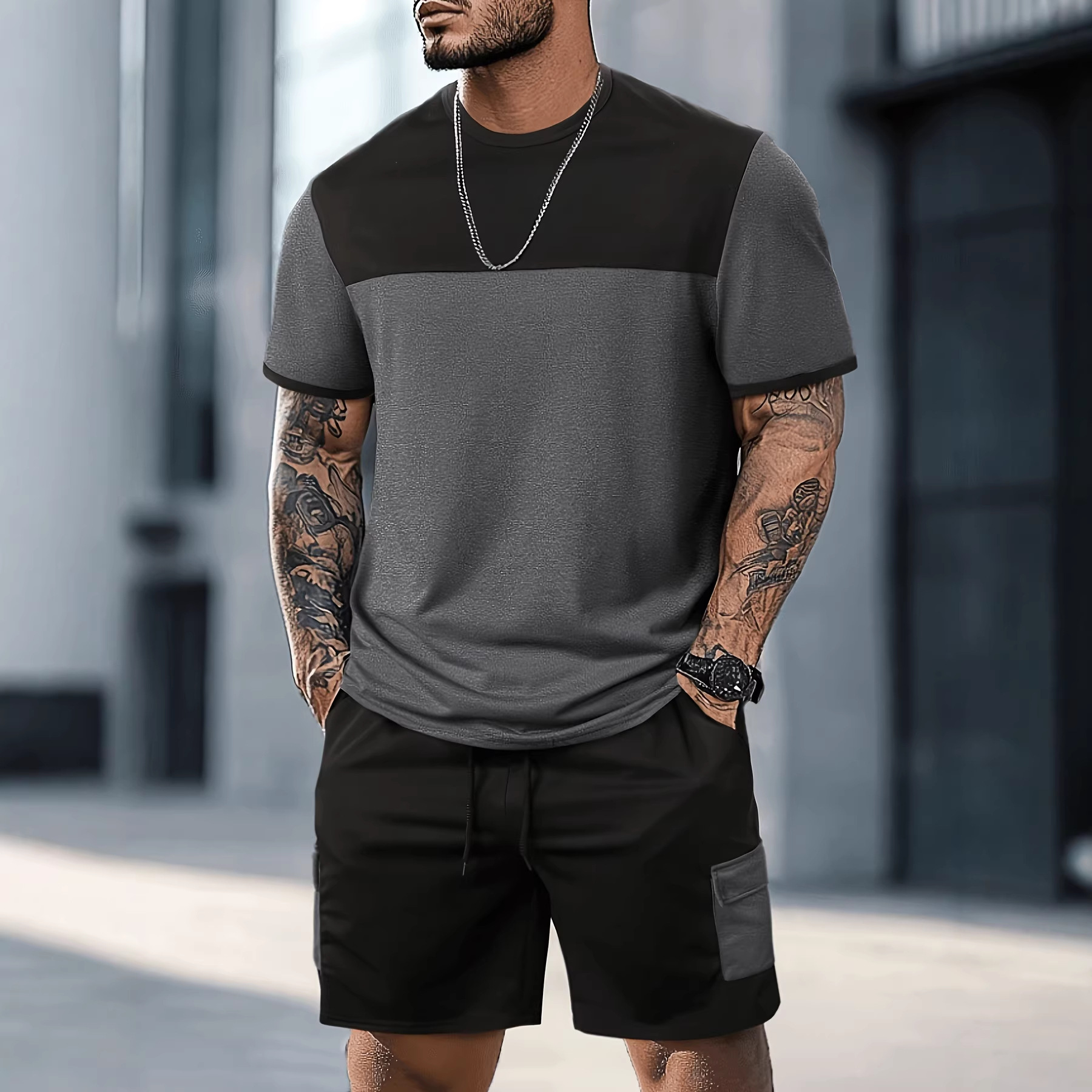Men's Color Block Sports Suit American Style Casual Set Summer Short Sleeve Shorts For Men_viptrois.com