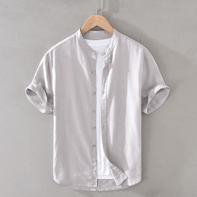 Camisa de algodón y lino de manga corta con cuello alto básico de verano japonés Camisa blanca de lino suelta fresca y delgada para hombre