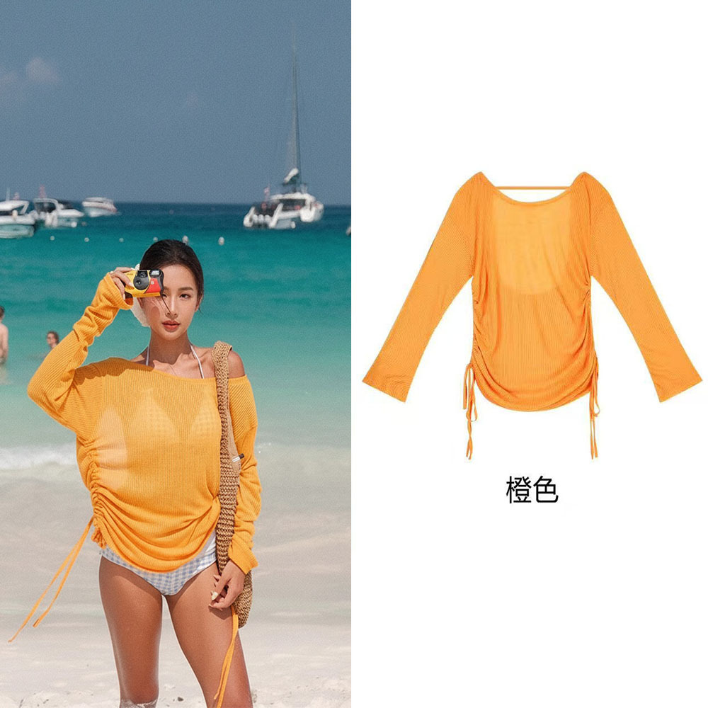 Pure Desire Outerwear Long-Sleeve T-Shirt for Women, Summer Beach Vacation Style, Thin Semi-Transparent Air Conditioning Shirt, Loose Sun Protection Cover-Up Top