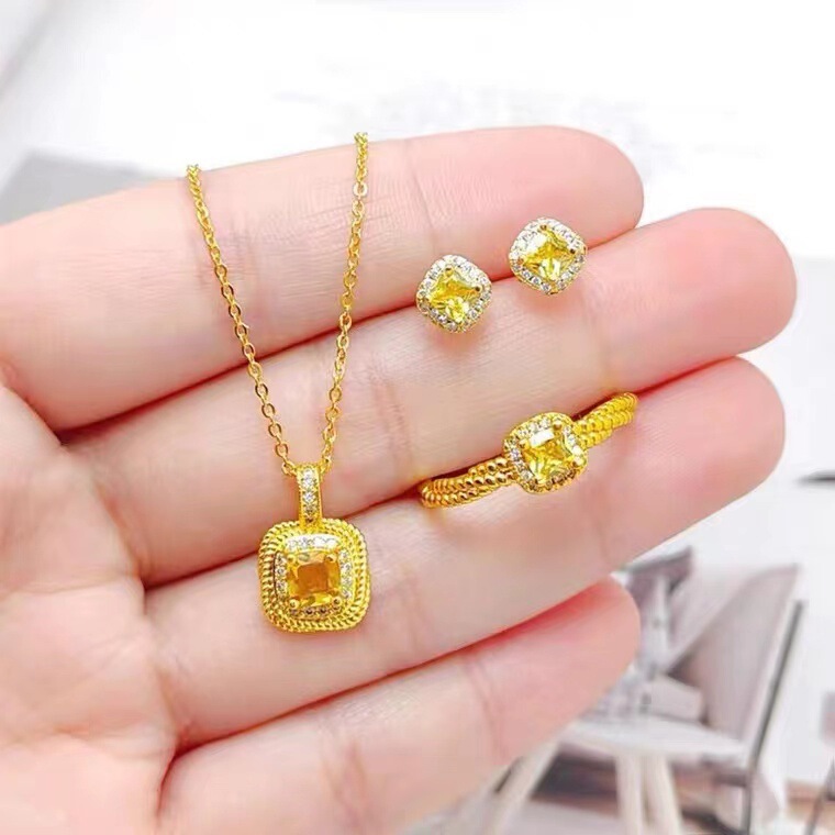 Shake Tone Quick Hand Small Square Sugar Yellow Diamond Necklace Earrings Ring suit Women's Citrine Gem Fashion High-end Sense Collarbone