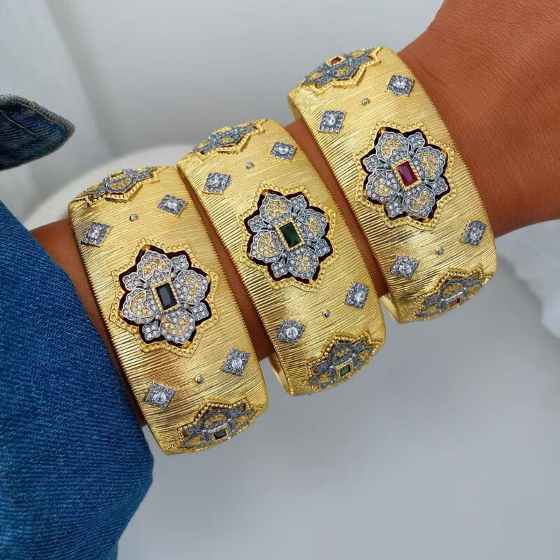 Italian Craftsmanship Brushed Texture Bracelet and Ring Set, Two-Tone Electroplated with Zircon, Red, Blue, Green, Light Luxury Style