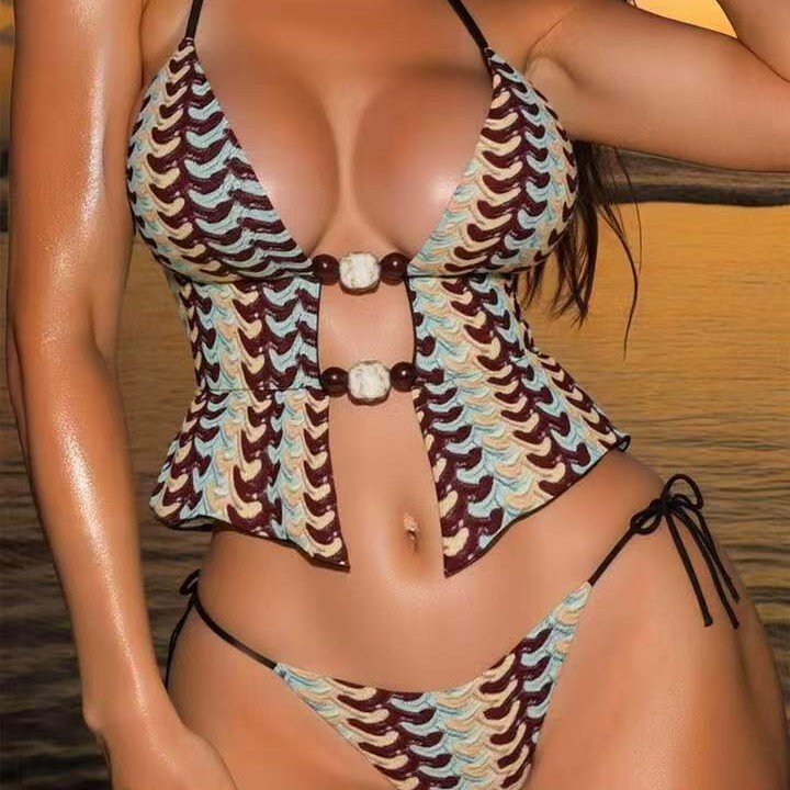 2025 Cross-Border Amazon Aliexpress Popular Contrasting Color Hem Style Suspender Backless Beach Bikini