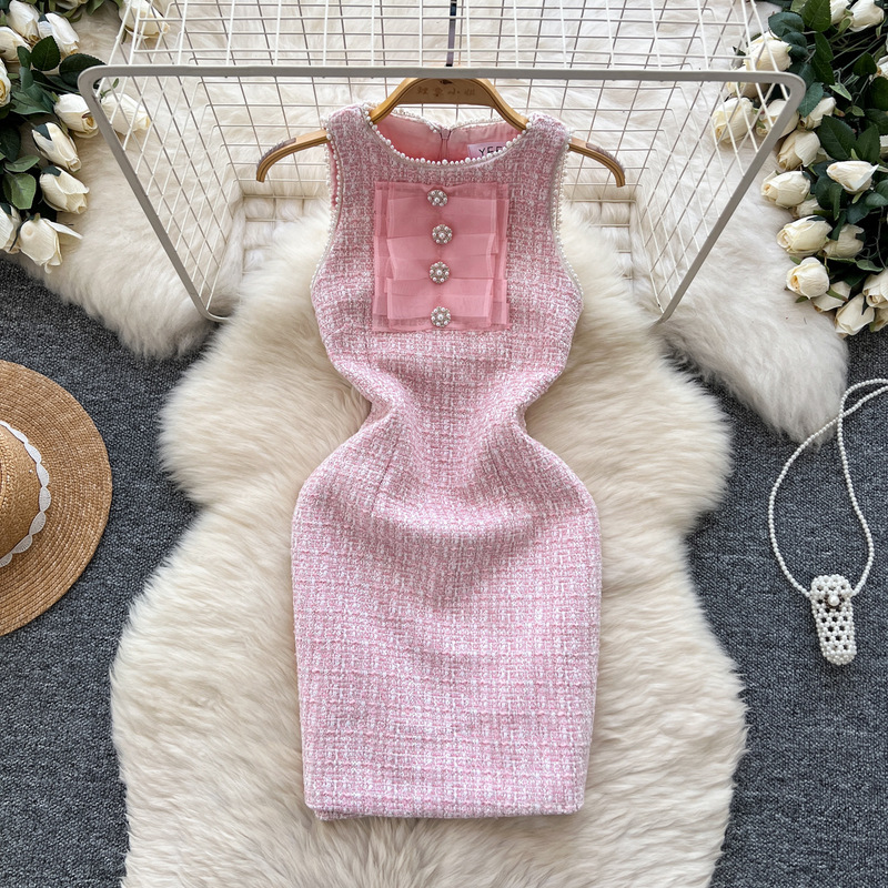 French Style dress Women's 2024 Autumn Heavy-Duty Beaded Button Round Neck Sleeveless Slim-Fit Tweed Skirt