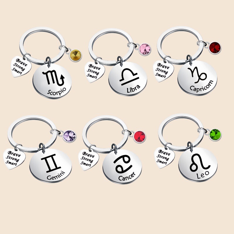 Amazon Cross-Border Best-Selling Stainless Steel Keychain Twelve Zodiac Birthstone Bag Pendant Birthday Gift Wholesale