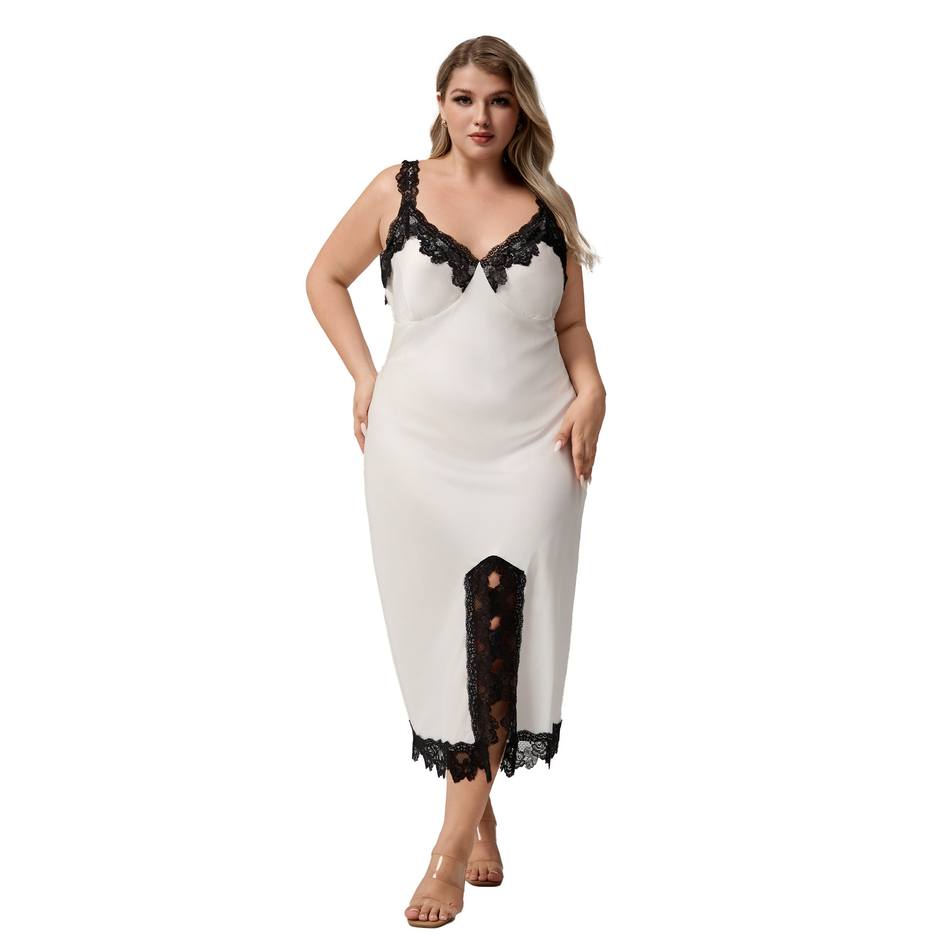 Yaoting transfronterizo satén de tamaño grande pijama de cabina para mujeres Charley sexy pijama bifurcado ropa larga para el hogar SQ5008