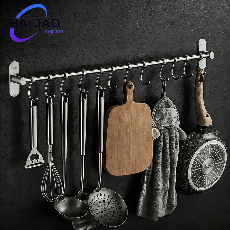 Kitchen hook hanging rod stainless steel 304 wall-mounted spatula spoon storage rack movable hook wall-mounted thickened