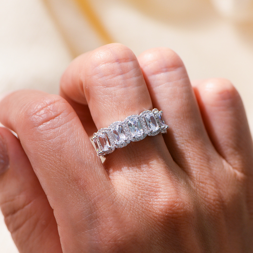 European and American Wedding Engagement Zircon Sterling Silver Ring Women's Cross-Border Hot Selling Full Diamond Hip-Hop Ins Style Ring Bracelet