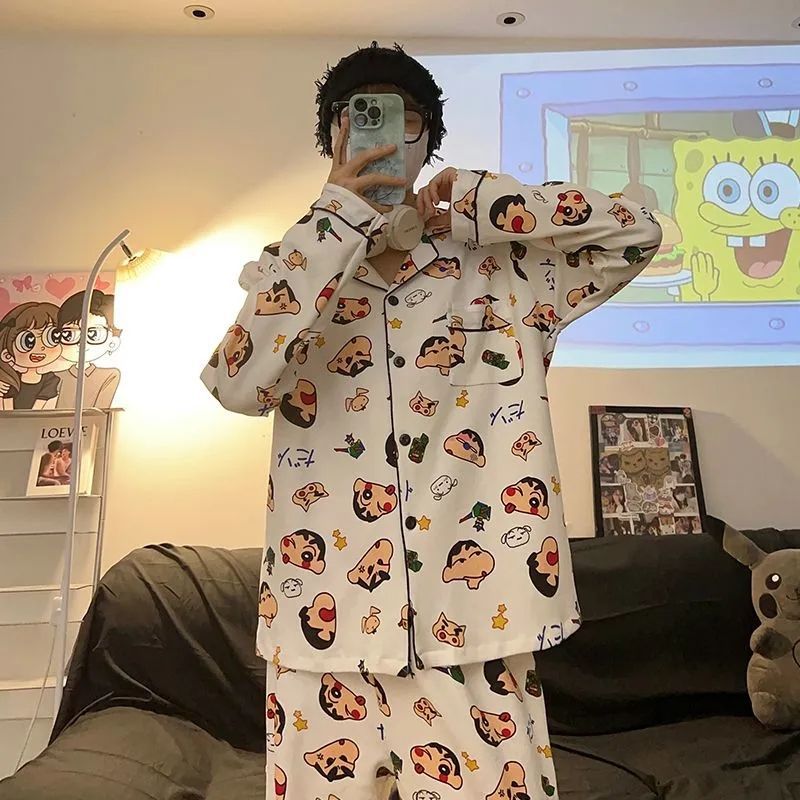 Men's Cartoon Pajamas Spring and Autumn Long-Sleeve Long Pants Japanese Style Trendy Brand Men's Xiaoxin Winter Loungewear Set Suitable for Outdoor Wear