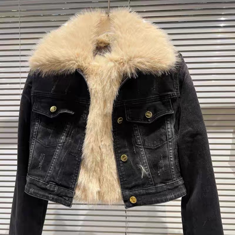 Abbigliamento per bambine, ecologico, collo in pelliccia, fodera staccabile, giacca di jeans, cappotto corto_voghion.com