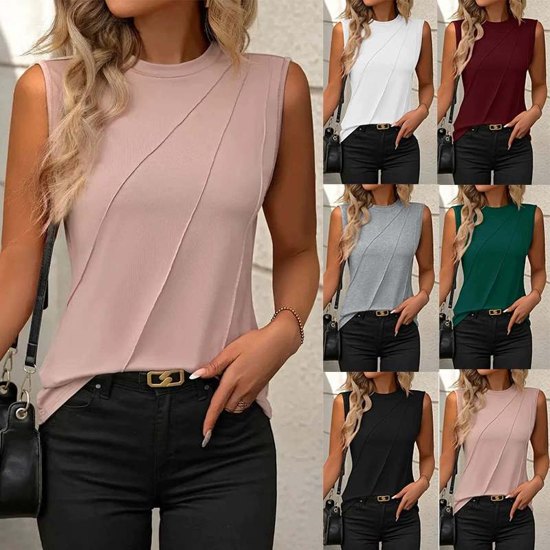 Amazon 2024 European and American cross-border foreign trade summer new solid color round neck sleeveless loose t-shirt shirt vest for women Amazon 2024 European and American cross-border foreign trade summer new solid color round neck sleeveless loose t-shirt shirt vest for women