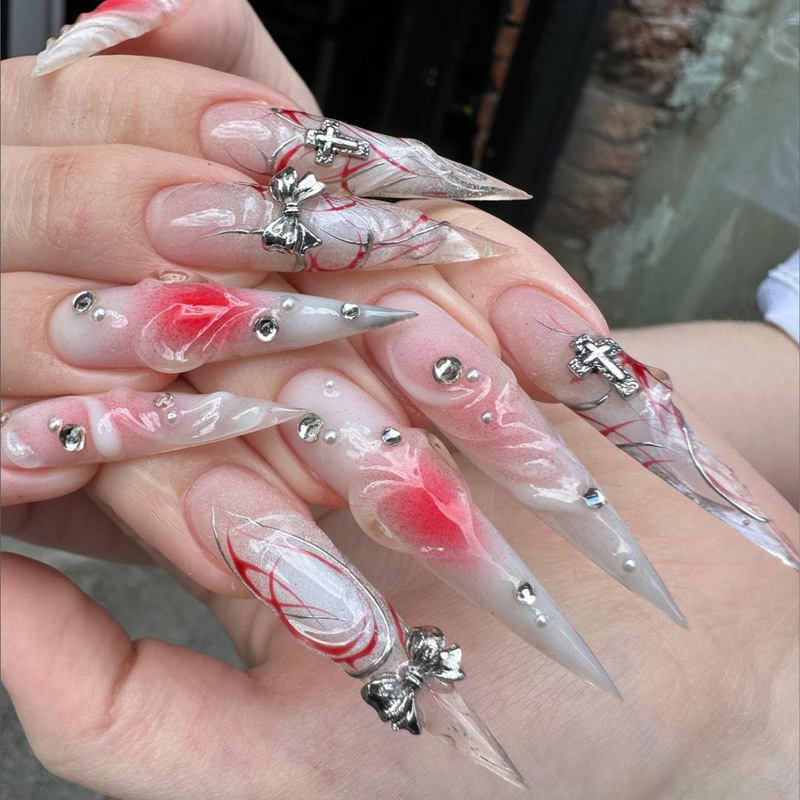 Spice Girls Metal Three-Dimensional Bow Wearing Nail Nails Super Long Sharp European and American 3D Love Snobby Nail Art False Nails