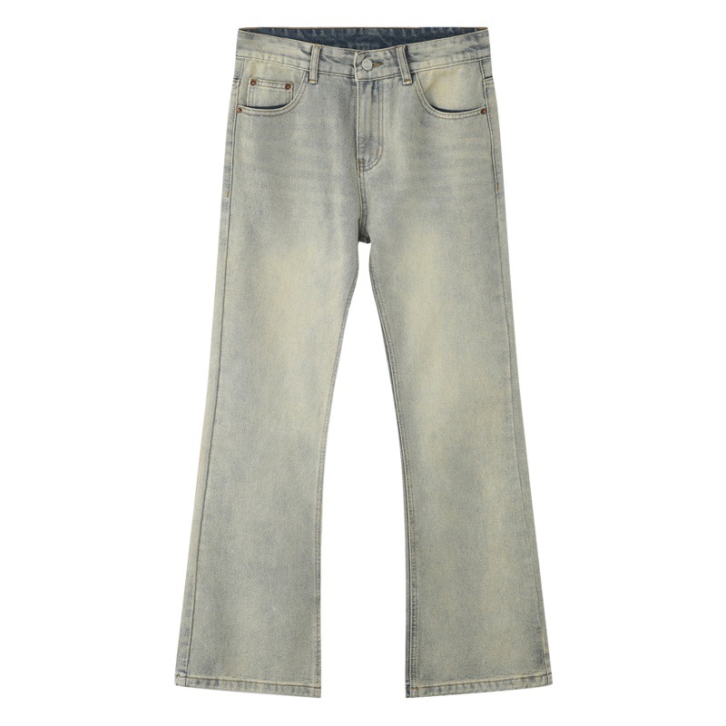 Ropa para hombre MTLCLOTHES | Pantalones vaqueros ajustados acampanados estilo coreano clásico, populares, retro, color amarillo barro, desgastados y desteñidos