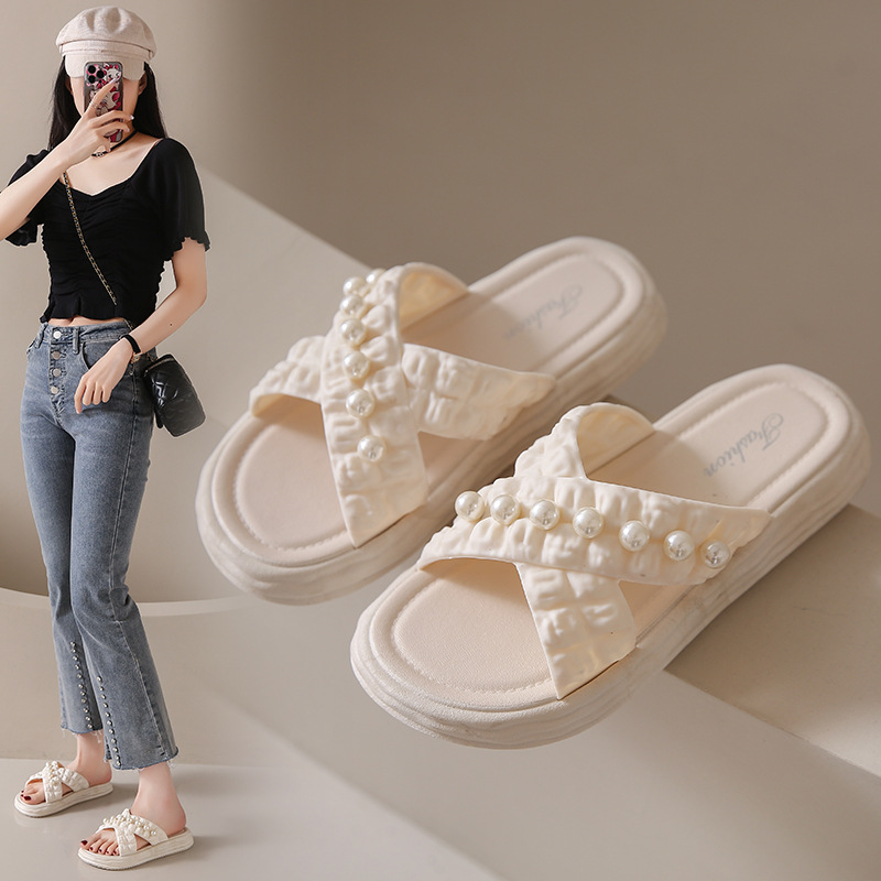 New Fashionable For Women, Summer Fashion Beach Shoes, Pearl Chain Sandals, Flat One-Strap Slippers Wholesale_vogvips.com