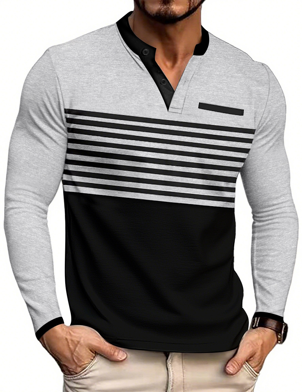 Camiseta de manga larga con cuello en V y rayas en contraste, estilo europeo y americano, novedad de verano, para hombre, corte ajustado, informal de negocios, para comercio transfronterizo europeo y americano.
