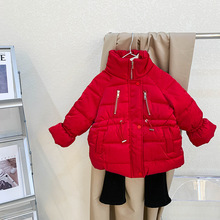 女童冬装加厚棉衣外套2025新款儿童新年红中长款棉袄宝宝洋气棉服