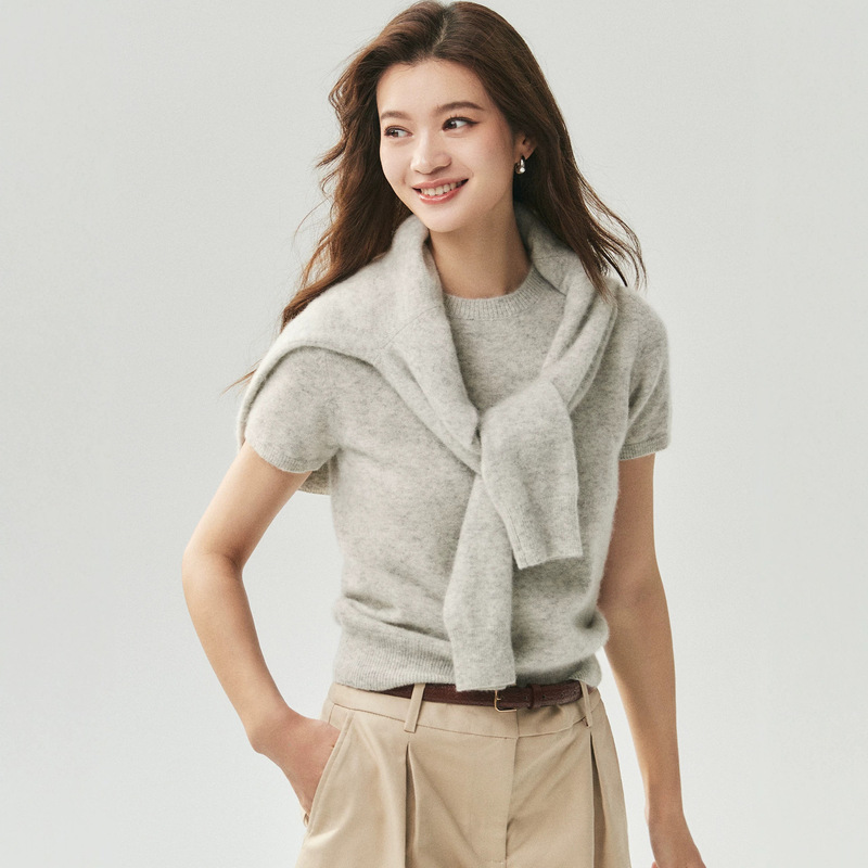 Campbell's 25% mulberry silk 75% cashmere knitted cardigan women's round neck short-sleeve set top Campbell's 25% mulberry silk 75% cashmere knitted cardigan women's round neck short-sleeve set top