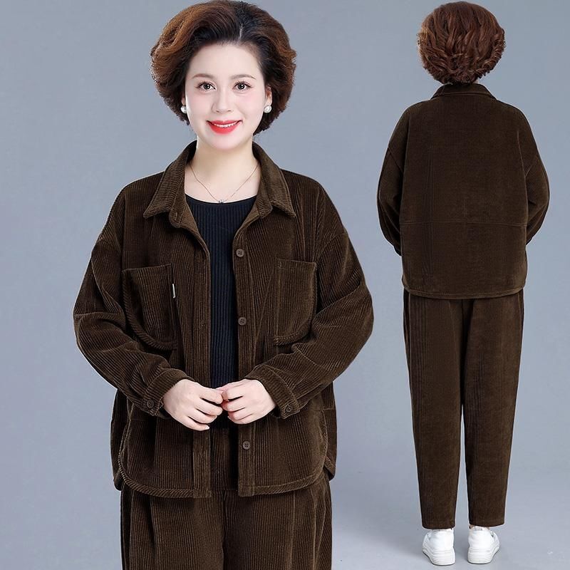 中年妈妈春装外套洋气运动服套装中老年女装春秋灯芯绒上衣两件套|undefined