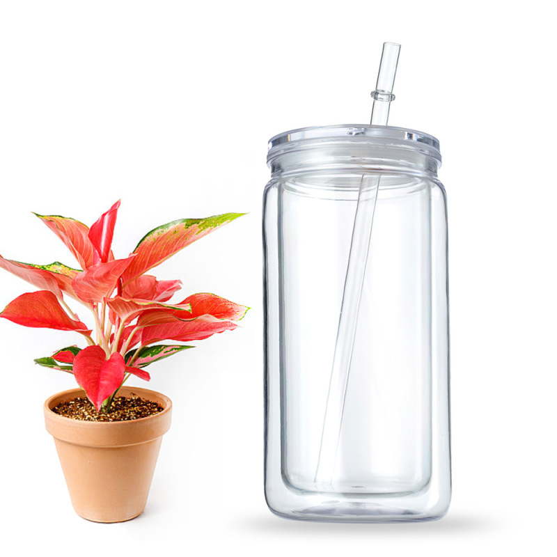 亚马逊双层12oz塑料吸管杯家用带盖梅森杯透明塑料杯环保水杯批发|undefined