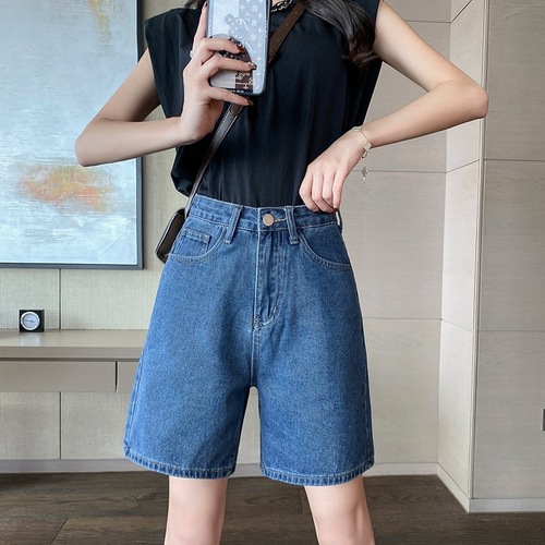 Trendy denim shorts for women  summer loose and thin large size fat mm slimming a-line high-waisted straight-leg pants