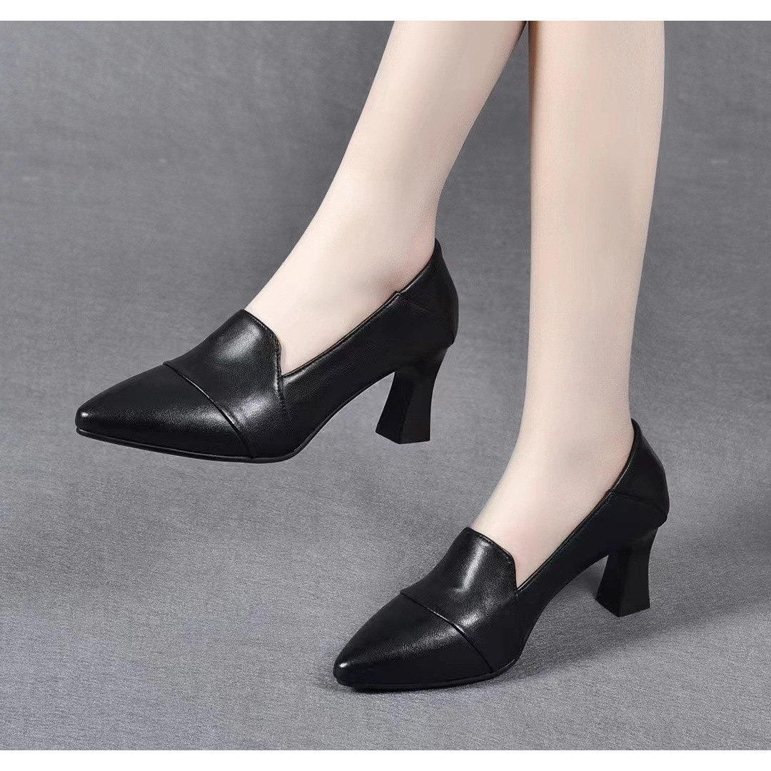 [Foreign Trade Cross-Border] Genuine Leather High Heels Women's 2025 New Style Pointed Toe Thick Heels Easiest for Match Shallow Leather Shoes