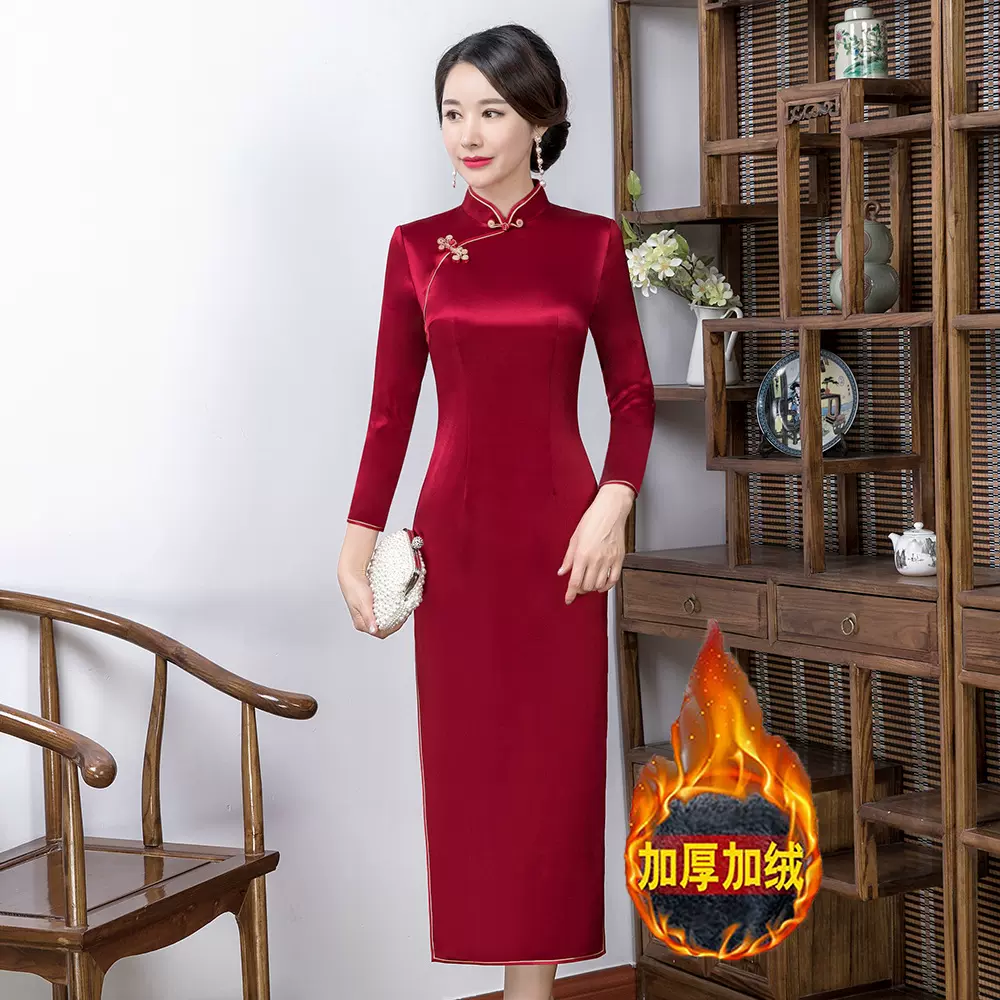 高端秋冬加厚加绒旗袍醋酸深圳高端宴会大码礼服婆婆妈妈装爆款女