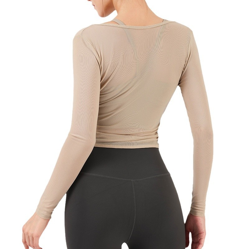 Netsuit para mujeres con cojín de pecho temperamento primavera y verano blusa de adelgazamiento pilates gimnasio mangas largas
