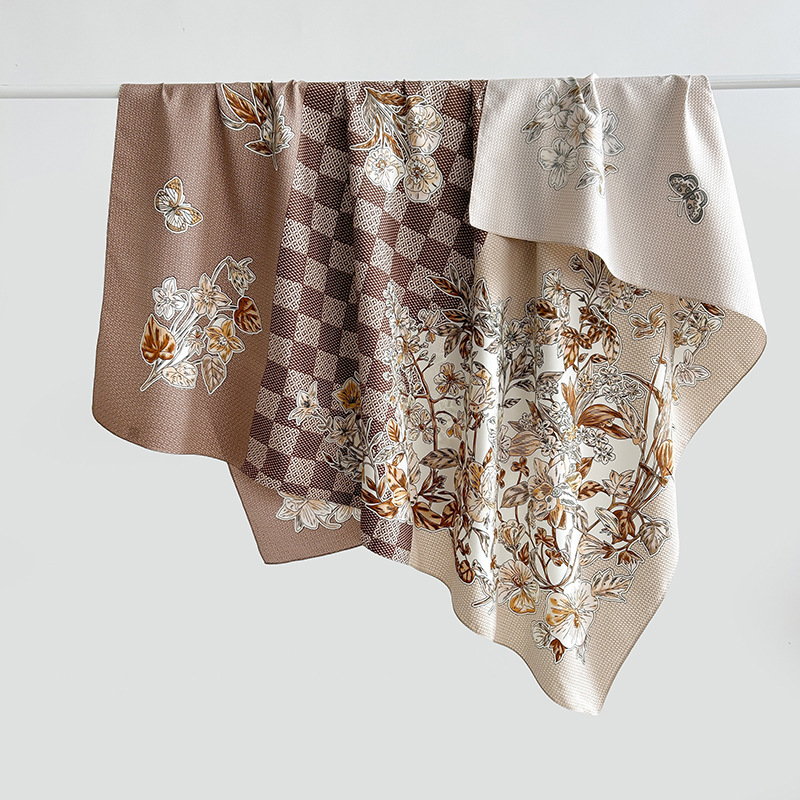 Nuevos productos transfronterizos de estilo europeo y americano, bufanda de seda estampada a cuadros de flores, estilo artístico de primavera y otoño, bufanda cuadrada de sarga de temperamento de atmósfera