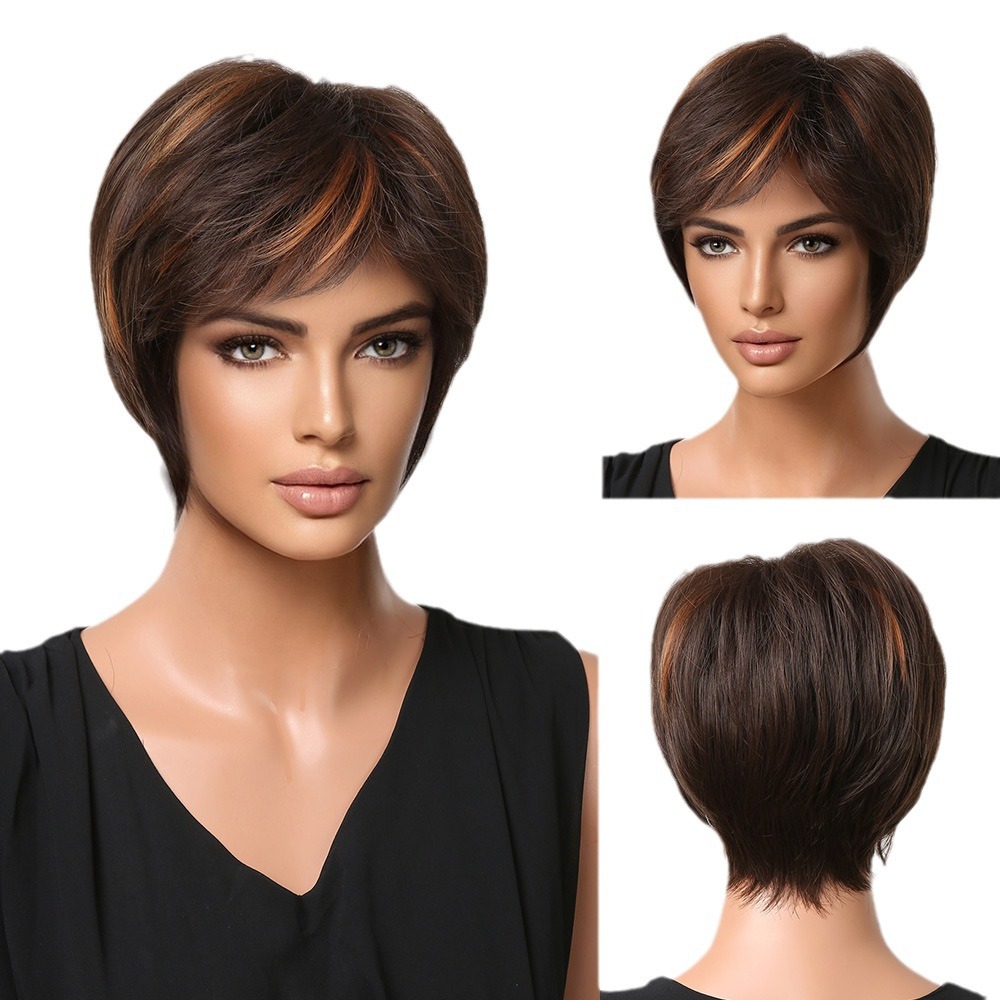 Peluca de pelo corto de las mujeres natural cubierta de la cabeza completa 2023 de moda corto pelo rizado cara redonda cabeza de onda peluca de pelo rizado