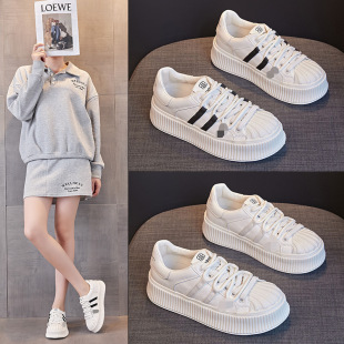 Shell Head White Shoes Women's 2024 Spring and Summer Genuine Leather Height-raising Casual Mesh Platform Shoes Breathable All-match Biscuits
