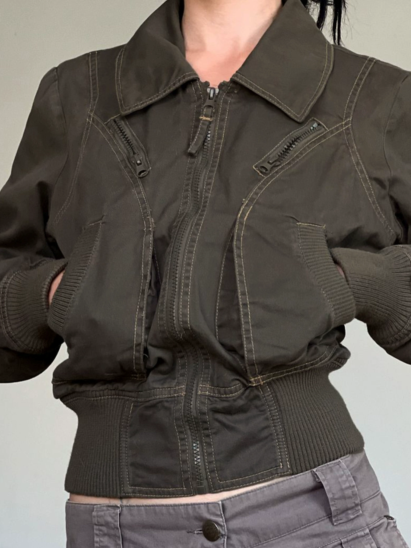 Пиджак с молнией, европейский ретро стиль, армейская зелень, ткань 95% полиэстер, 5% спандекс