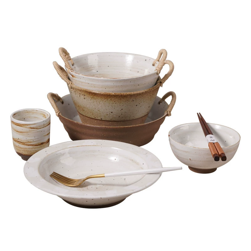 Japanese‑style ceramic dish set, hemp‑rope double‑ear bowls and trays, rustic glazed 18.2×10.1 cm