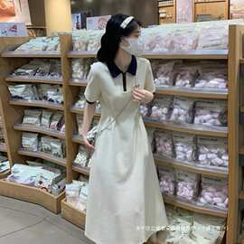 跨境学院风Polo领短袖连衣裙少女夏季中学生收腰显瘦翻领纯色过膝