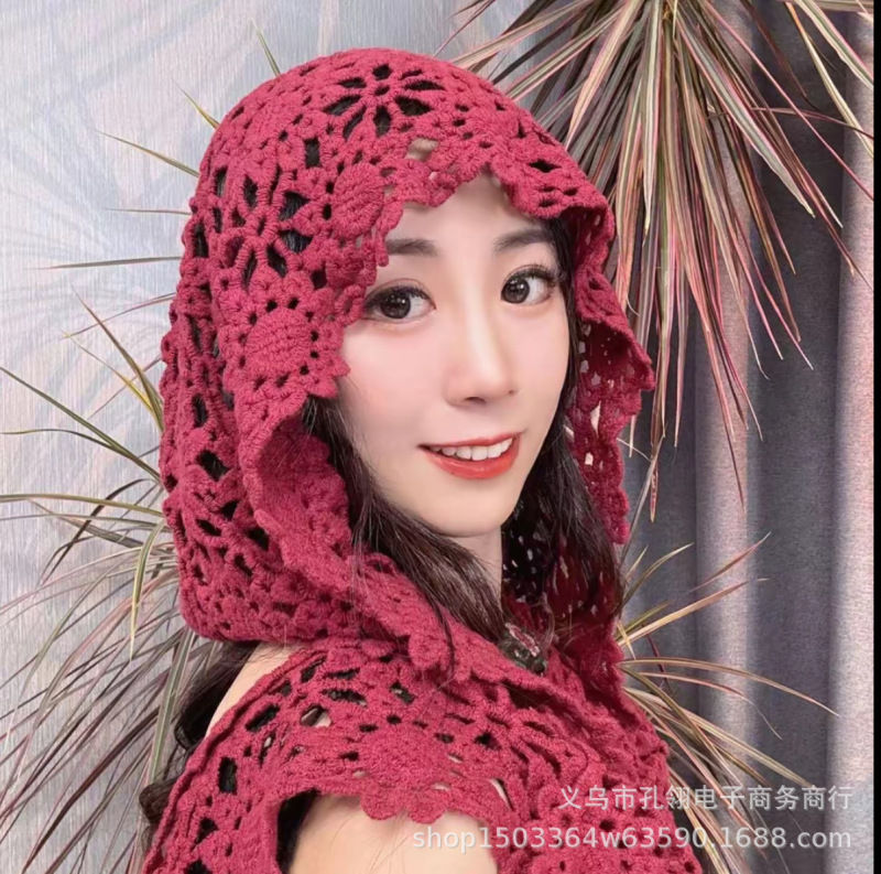 民族风手工编织包头帽女夏季新款镂空透气针织帽子披肩一体毛线帽|undefined
